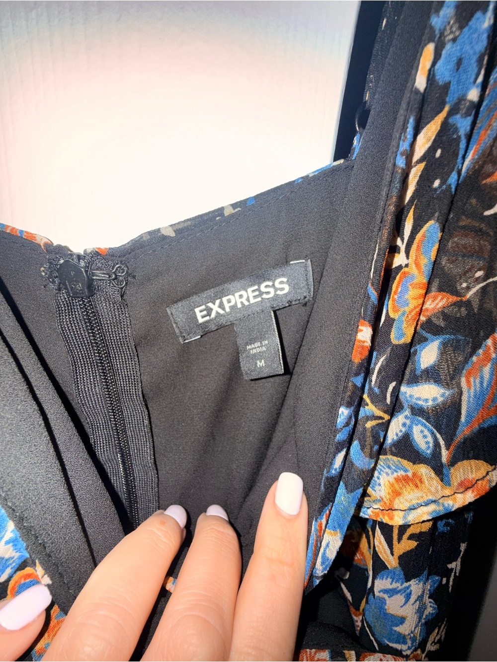 Express Navy Floral Asymmetrical Slip Dress with Coral Accents - Picture 4 of 5